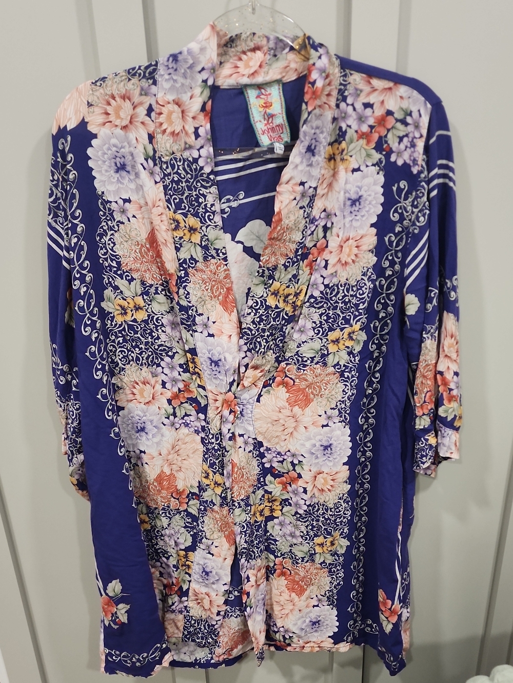 Johnny Was Floral Kimono Top - Royal Blue, Peach, Lavender